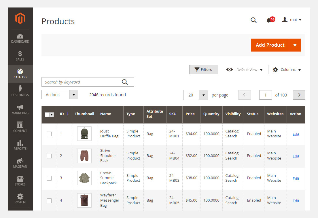 An image showing the different Magento product types available for editing existing products.