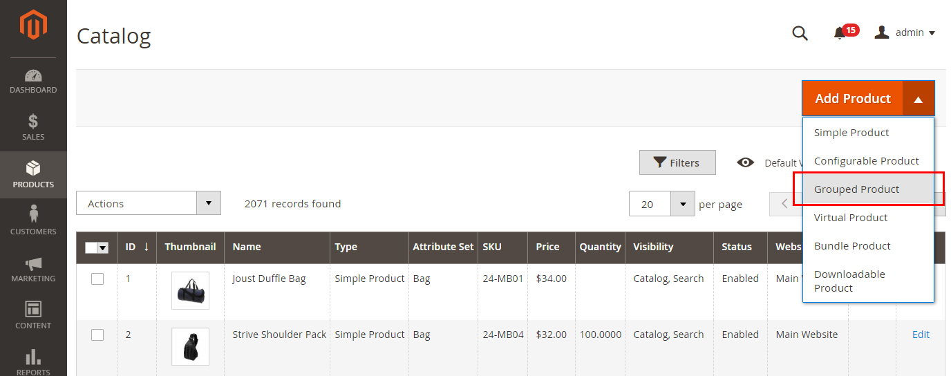 how to create magento 2 grouped product add product