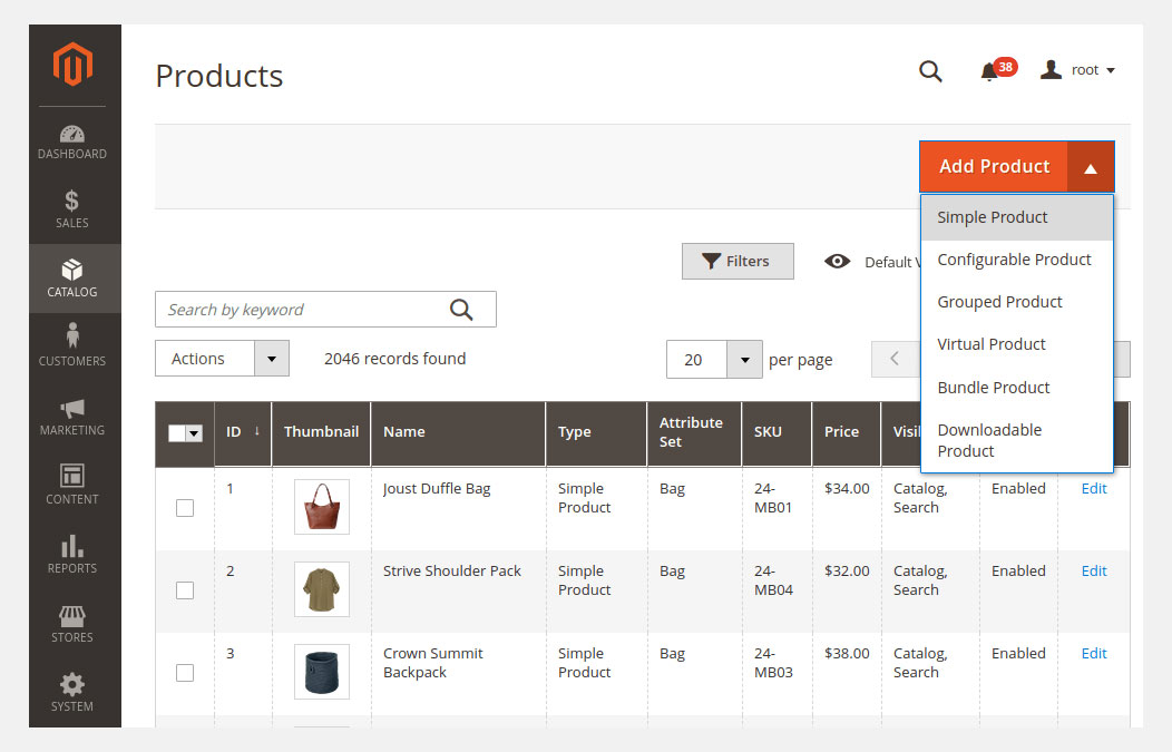 A person creating a new product in Magento admin panel