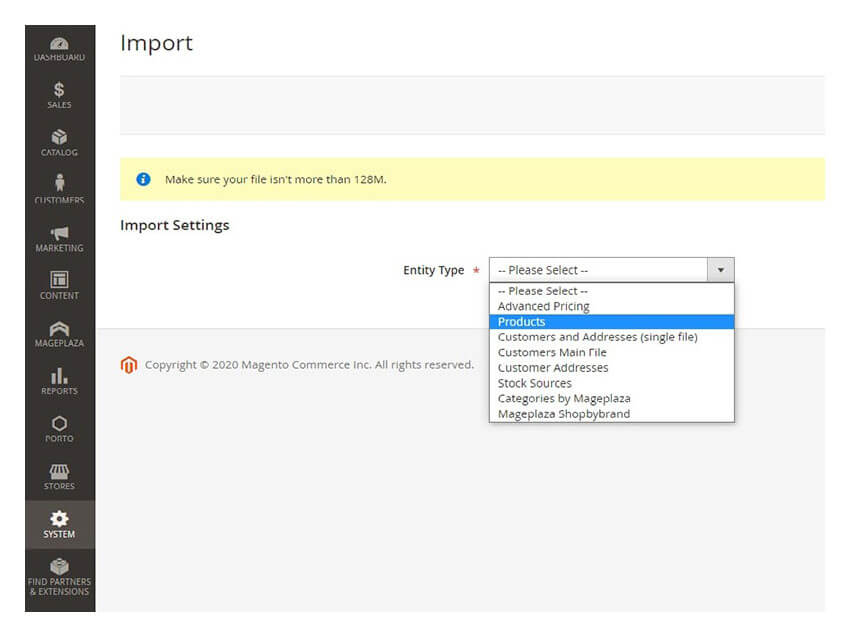 Magento import settings entity type selection