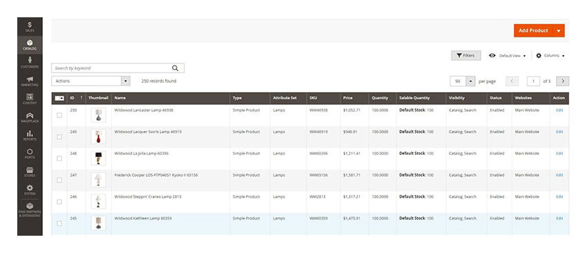 Magento product catalog management dashboard