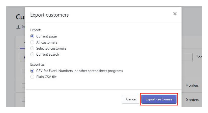 shopify export customers